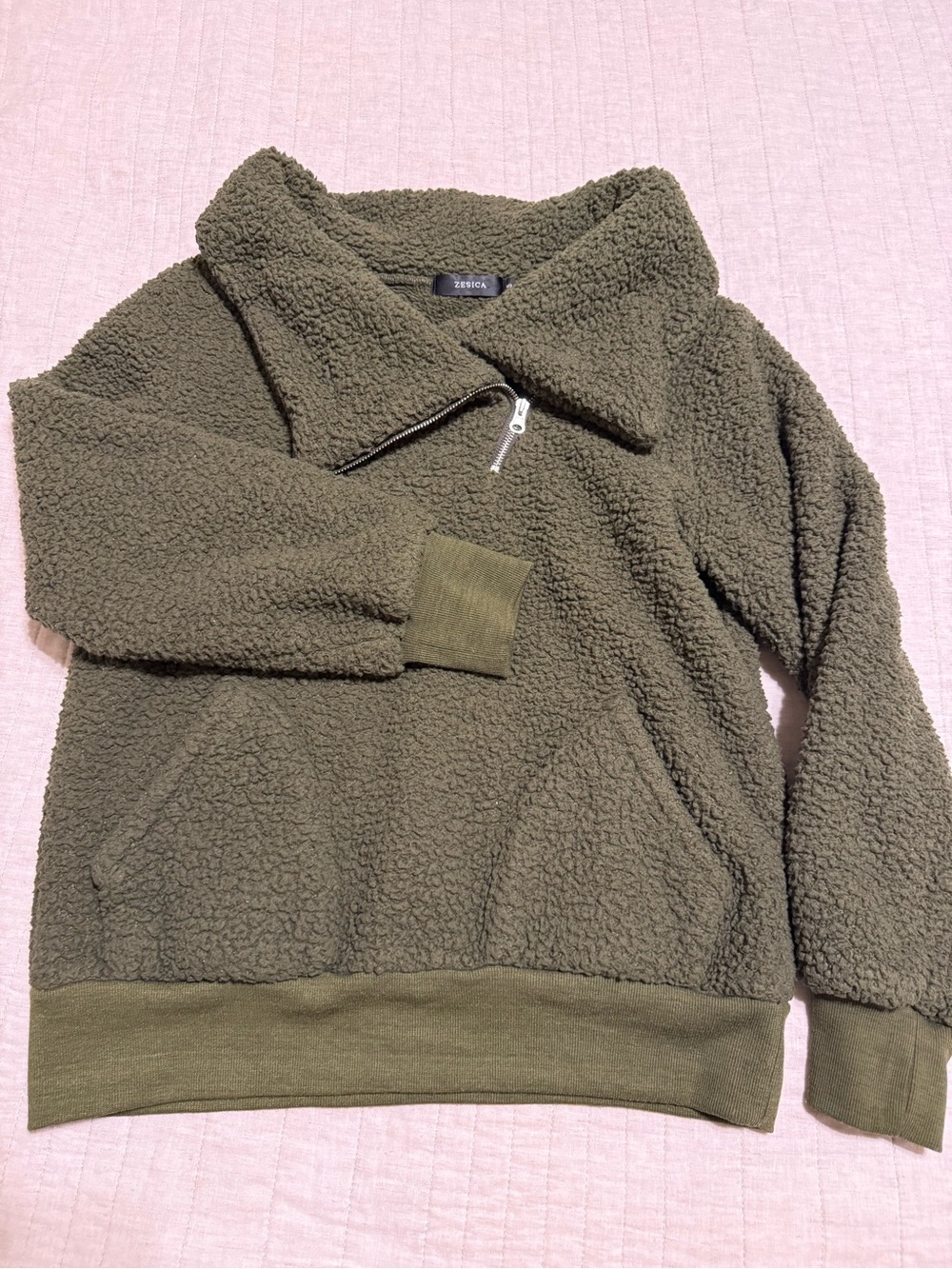 Cozy Olive Green Sherpa Half-Zip Pullover by Zensia